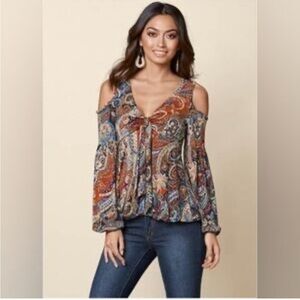 VENUS Paisley print cold shoulder Top Long Sleeves front tie gathered waist